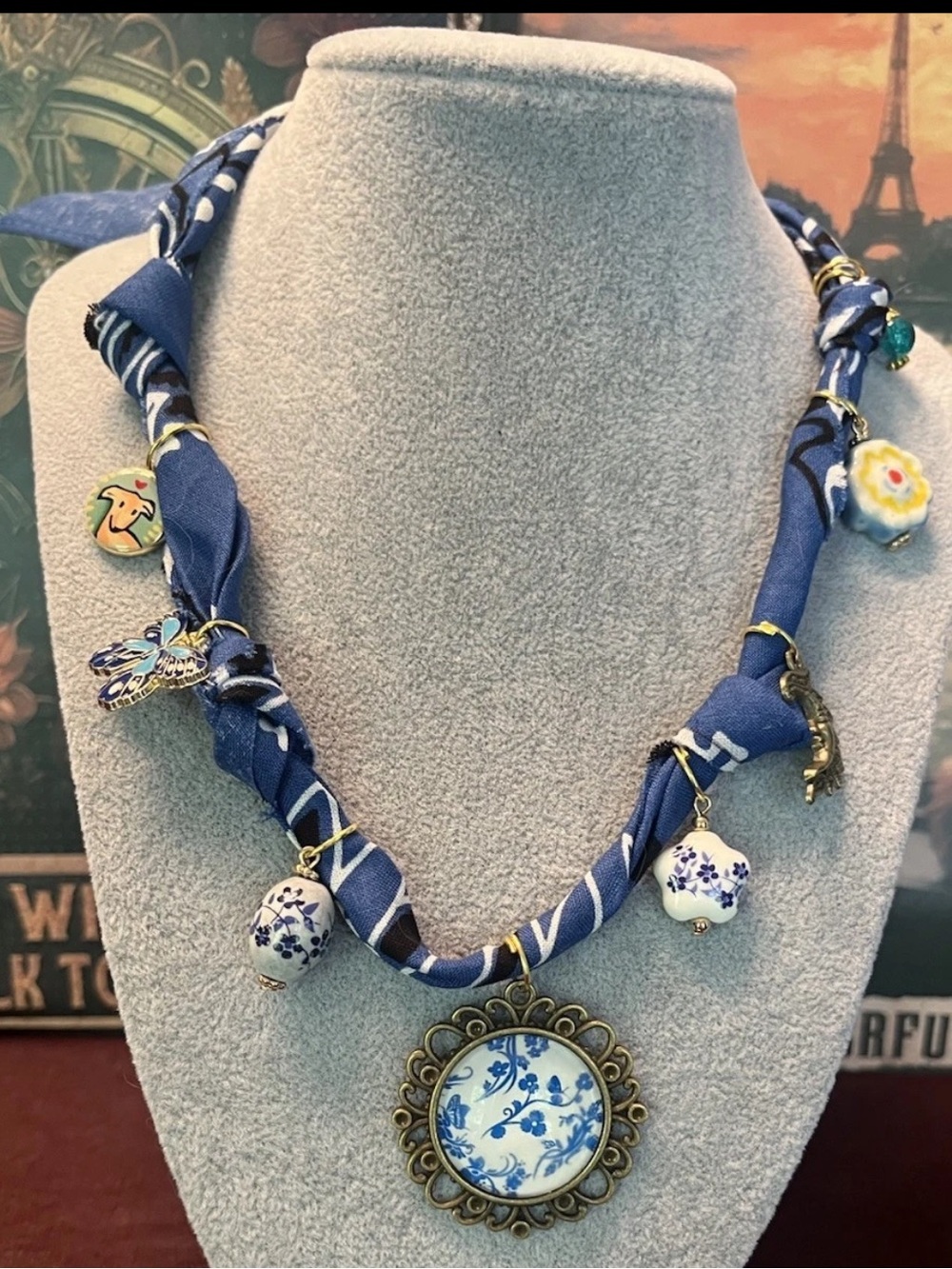 Handcrafted Blue Bandana Boho Necklace, Blue White Porcelain Charms
